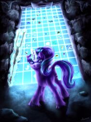  2015 9de-light6 blue_eyes cave cutie_mark equid equine female feral friendship_is_magic fur glowing hair hasbro hi_res horn insane inside looking_at_viewer magic mammal multicolored_hair my_little_pony mythological_creature mythological_equine mythology purple_body purple_fur rock smile solo staff starlight_glimmer_(mlp) two_tone_hair unicorn 