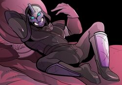  boots bottomwear cayde-6 clothed clothing destiny_(video_game) exo footwear fully_clothed gloves glowing glowing_eyes hand_behind_head handwear lying machine male not_furry pants pillow presenting robot solo squarerootofdestiny 