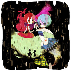  1boy 3girls blood blue_hair cape chisuke commentary_request hair_ornament hairclip heart holding_hands kamijou_kyousuke long_hair magical_girl mahou_shoujo_madoka_magica mahou_shoujo_madoka_magica_(anime) marmalade_boy miki_sayaka miki_sayaka_(magical_girl) multiple_girls musical_note ponytail red_hair sakura_kyoko sakura_kyoko_(magical_girl) shizuki_hitomi short_hair silhouette spoilers sword weapon yellow_eyes 