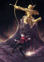  absurdres archer_class_(fate) bad_id bad_pixiv_id black_thighhighs book bow_(weapon) fate/stay_night fate_(series) female highres l&#039;epice long_hair statue thighhighs tohsaka_rin two_side_up weapon 