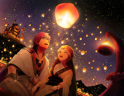  2boys bad_id bad_pixiv_id boat bracelet castle dutch_angle earrings freckles hoop_earrings ja&#039;far_(magi) jewelry keffiyeh lamp long_hair magi_the_labyrinth_of_magic male_focus multiple_boys night night_sky omari open_mouth outdoors photoshop_(medium) purple_hair river robe short_hair sinbad_(magi) sky star_(sky) starry_sky watercraft white_hair yellow_eyes 