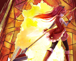  apple bare_shoulders boots commentary_request detached_sleeves female food from_behind fruit glaring long_hair magical_girl mahou_shoujo_madoka_magica mahou_shoujo_madoka_magica_(anime) photoshop_(medium) polearm ponytail profile red_eyes red_hair reducto sakura_kyoko sakura_kyoko_(magical_girl) solo spear stained_glass thighhighs weapon 