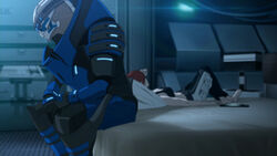  1boy alien armor bed commander_shepard commander_shepard_(female) commentary_request female garrus_vakarian highres mass_effect_(series) mass_effect_2 mass_effect_3 short_hair solo_focus turian wei 