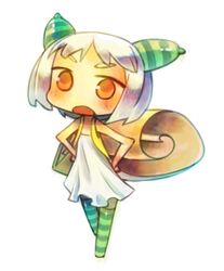  :o antennae chibi chuno_(poym) commentary_request female hands_on_own_hips leucochloridium_paradoxum looking_at_viewer open_mouth orange_eyes original personification short_hair snail snail_girl solo standing striped_clothes striped_thighhighs thighhighs white_hair 