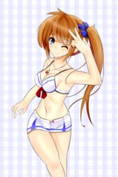  adapted_costume armpits blue_eyes breasts brown_hair cleavage commentary_request female hair_ornament highres jewelry long_hair looking_at_viewer lyrical_nanoha mahou_shoujo_lyrical_nanoha medium_breasts navel necklace one_eye_closed raising_heart short_shorts shorts side_ponytail smile solo sonyntendo takamachi_nanoha 