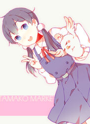  baronet bird black_hair blue_eyes commentary_request copyright_name dera_mochimazzui female hair_ornament kitashirakawa_tamako long_hair low_twintails photoshop_(medium) school_uniform tamako_market twintails v 