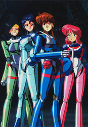  1980s_(style) 1990s_(style) 4girls absurdres armor black_hair blue_hair brown_eyes brown_hair bubblegum_crisis building cityscape closed_eyes cyberpunk formal gimp_(medium) green_eyes grin hardsuit headband helmet highres linna_yamazaki long_hair mecha multiple_girls nene_romanova night official_art pink_hair power_armor priscilla_asagiri retro_artstyle robot science_fiction short_hair smile sonoda_ken&#039;ichi standing suit sylia_stingray 