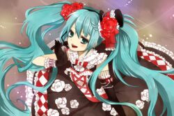  an-mar aqua_eyes aqua_hair bad_id bad_pixiv_id dress elbow_gloves female flower frills gloves hair_flower hair_ornament hat hatsune_miku headset long_hair mini_hat mini_top_hat open_mouth solo top_hat twintails very_long_hair vocaloid 