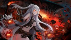  abyssal_ship aircraft_carrier_princess ass breasts cannon commentary_request crop_top crop_top_overhang dress female gauntlets grin highres kantai_collection large_breasts long_hair looking_at_viewer looking_to_the_side machinery one_side_up outstretched_arms pale_skin pleated_skirt red_eyes sailor_collar sekigan skirt sleeveless sleeveless_dress smile solo spread_arms standing torn_clothes torn_dress turret twisted_torso underboob very_long_hair white_hair 