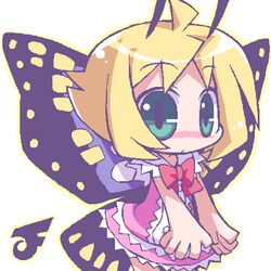  ahoge androgynous antennae blonde_hair blue_eyes blush bow bug butterfly butterfly_wings commentary_request dress fairy female insect_wings lowres misasagi_yuuya multicolored_wings oekaki purple_wings shimon_(shimotsuma) shimotsuma short_hair simple_background solo white_background wings yellow_wings 