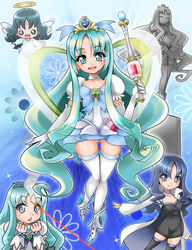  1041_(toshikazu) 5girls angel angel_wings black_thighhighs blue_eyes blue_hair blue_skirt bow brooch chibi choker closed_eyes coat commentary_request cure_marine cure_marine_(super_silhouette) cure_marine_mirage dark_persona dress earrings eyelashes flower_tact full_body halo heart heart_brooch heartcatch_precure! holding holding_wand jewelry kurumi_erika long_hair magical_girl mirage_precure multiple_girls multiple_persona open_mouth photoshop_(medium) precure ribbon shoes sidelocks skirt smile statue thigh_gap thighhighs tiara wand white_choker white_thighhighs wings wrist_cuffs zettai_ryouiki 