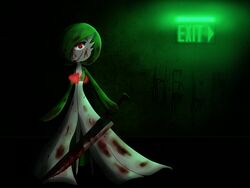  4:3 blood bodily_fluids exit female gardevoir generation_3_pokemon green_hair hair nintendo not_furry pokemon pokemon_(species) red_eyes scarletknives-x solo white_body white_skin yandere 