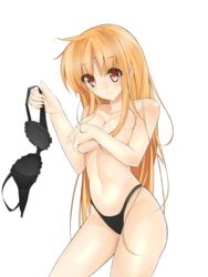  black_bra black_panties blonde_hair bra breasts brown_eyes cleavage collarbone commentary_request covering_breasts covering_privates fate_testarossa female large_breasts long_hair lyrical_nanoha mahou_shoujo_lyrical_nanoha navel panties simple_background solo sonyntendo topless underboob underwear underwear_only unworn_bra white_background 