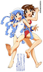  2girls :d armpits artist_name ass back back-to-back barefoot bikini blue_eyes blue_hair blush body_blush bracelet breasts brown_eyes brown_hair camera feet flat_chest foreshortening hairband hands hat highres holding ikamusume ishikawa_masakazu jewelry leg_lift legs long_hair looking_at_viewer looking_back multiple_girls nagatsuki_sanae official_art one-piece_swimsuit open_mouth profile shinryaku!_ikamusume short_hair sideboob simple_background small_breasts smile soles standing standing_on_one_leg swimsuit tiptoes toes translation_request very_long_hair white_background 