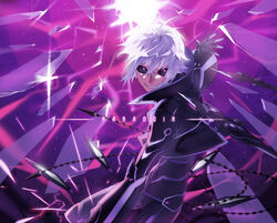  1boy add_(elsword) black_sclera bodysuit colored_sclera commentary_request diabolic_esper_(elsword) elsword energy gloves grin jya male_focus photoshop_(medium) purple_background purple_eyes purple_theme sharp_teeth smile solo teeth white_hair 