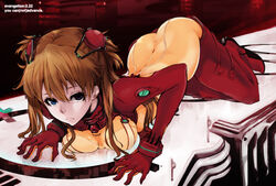  all_fours ass blue_eyes breast_press breasts brown_hair commentary_request evangelion:_2.0_you_can_(not)_advance female hair_ornament heterochromia long_hair looking_at_viewer medium_breasts mille_(dieci) neon_genesis_evangelion photoshop_(medium) plugsuit rebuild_of_evangelion solo souryuu_asuka_langley test_plugsuit 