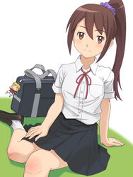  brown_eyes brown_hair commentary_request dress_shirt female ginga_e_kickoff!! hair_between_eyes light_smile long_hair meow_(nekodenki) ponytail school_uniform scrunchie shirt skirt solo takatoo_erika white_shirt 