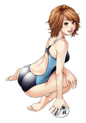  ass bad_id bad_pixiv_id barefoot brown_eyes brown_hair competition_swimsuit feet female hanamura hands kneeling lips looking_back one-piece_swimsuit original painttool_sai_(medium) short_hair sitting smile solo swimsuit wariza 