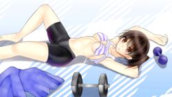  armpits bike_shorts black_shorts bra breasts brown_eyes brown_hair clothes_lift commentary_request female kaga_(kancolle) kantai_collection lying medium_breasts navel on_back shirt_lift shorts sideboob solo sonyntendo striped_bra striped_clothes underboob underwear 