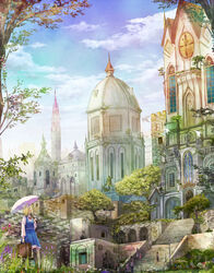  3boys 3girls absurdres architecture bird black_legwear building clock clock_tower commentary_request day flower hair_flower hair_ornament highres holding holding_suitcase holding_umbrella lamppost long_sleeves multiple_boys multiple_girls original outdoors purple_flower scenery shigureteki sky stairs suitcase thighhighs tower tree umbrella white_flower 