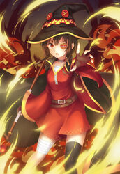  asakurashinji bandages belt black_thighhighs brown_hair cloak commentary_request dress eyepatch female fingerless_gloves fire gloves hat highres kono_subarashii_sekai_ni_shukufuku_wo! looking_at_viewer megumin open_mouth outstretched_arm photoshop_(medium) pyrokinesis red_eyes short_hair single_thighhigh solo staff thighhighs witch_hat 