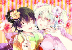  2girls black_hair commentary_request flower genderswap_(mtf) gintama hair_bun hair_flower hair_ornament hijikata_toushirou multiple_girls nail_polish photoshop_(medium) red_eyes rule_63 sakata_gintoki single_hair_bun twintails v white_hair wingtemple yellow_eyes 