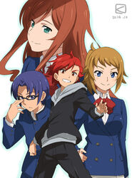  2boys 2girls artist_logo blue_eyes blue_hair bow brown_hair commentary_request dated green_eyes gundam gundam_build_fighters gundam_build_fighters_try hand_on_own_hip hood hoodie hoshino_fumina kamiki_mirai kamiki_sekai kousaka_yuuma long_hair long_sleeves miyahara_takuya multiple_boys multiple_girls ponytail purple_eyes red_eyes red_hair school_uniform short_hair smile 