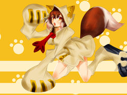  blazblue blush brown_eyes brown_hair commentary_request cosplay female highres hood jacket kneeling long_sleeves makoto_nanaya short_hair simple_background solo squirrel_girl squirrel_tail tail taokaka taokaka_(cosplay) yumi_zakura zipper 