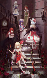  6+girls apron ascot backless_outfit bat_wings blonde_hair blue_dress blue_eyes blue_hair book braid broken carrying clock commentary_request crescent dress flandre_scarlet flower green_eyes hair_ribbon hat hat_ribbon head_wings highres hong_meiling izayoi_sakuya juliet_sleeves koakuma long_hair long_sleeves looking_at_viewer maid maid_headdress multiple_girls patchouli_knowledge photoshop_(medium) plant puffy_sleeves purple_eyes purple_hair reading red_eyes red_flower red_hair red_rose remilia_scarlet ribbon rose shirt short_hair short_sleeves sitting sitting_on_stairs skirt skirt_set stairs star_(symbol) striped_clothes striped_dress touhou tuzki twin_braids v_arms vines waist_apron white_hair wings 