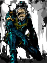  1boy bad_id bad_pixiv_id beard big_boss blue_eyes bodysuit eyepatch facial_hair goggles goggles_on_head grey_hair kafe_(bonbonrocks) male_focus metal_gear_(series) metal_gear_solid_v:_ground_zeroes metal_gear_solid_v:_the_phantom_pain night_vision_device on_one_knee solo 