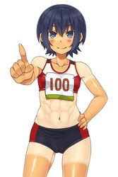  abs bad_id bad_pixiv_id bare_shoulders blue_eyes blue_hair cameltoe collarbone commentary_request contrapposto cowboy_shot female hair_between_eyes hand_on_own_hip minami-ke minami_touma mo-fu navel one-piece_tan pointing short_hair shorts_tan simple_background smile solo sports_bikini standing tan tanlines track_uniform white_background 