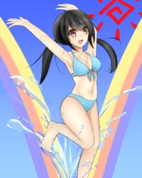  armpits bikini black_hair blue_bikini breasts brown_eyes cleavage commentary_request female front-tie_bikini_top front-tie_top highres long_hair medium_breasts navel open_mouth original solo sonyntendo swimsuit twintails 