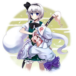  2girls bad_link bloomers blue_eyes ghost grey_hair hairband hat hitodama hug katana kiji_(manekinuko-tei) konpaku_youmu konpaku_youmu_(ghost) multiple_girls pink_eyes pink_hair saigyouji_yuyuko scabbard sheath smile sweatdrop sword tassel tears touhou underwear vest weapon white_hair yuri 