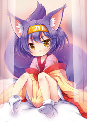  animal_ear_fluff animal_ears blush commentary_request female fox_ears fox_tail hairband hatsuse_izuna japanese_clothes kimono looking_at_viewer no_game_no_life pink_kimono purple_hair short_hair solo tail tougo yellow_eyes 