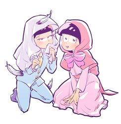  2boys 720_72 :3 commentary_request cosplay crossdressing dress eyelashes feathers formal hood kneeling little_red_riding_hood little_red_riding_hood_(grimm) little_red_riding_hood_(grimm)_(cosplay) male_focus matsuno_osomatsu matsuno_todomatsu multiple_boys necktie osomatsu-kun osomatsu-san osomatsu_(series) protected_link simple_background suit tsuru_no_ongaeshi veil white_background yellow_necktie 