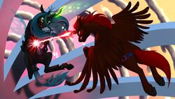  2015 alicorn angry arthropod brown_body brown_feathers changeling cloud cutie_mark duo equid equine fan_character fangs feathered_wings feathers female female_symbol feral foxenawolf free_agent_(mlp) friendship_is_magic gender_symbol goldfur&#039;s_cogsverse green_eyes hair hasbro horn insect_wings insects long_hair magic male male/female_symbol male_symbol mammal my_little_pony mythological_creature mythological_equine mythology outside queen_chrysalis_(mlp) red_hair sexuality_symbol symbol teeth wings 