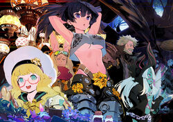  1boy 4girls animal_ears armor armpits arms_up beard belt beret bikini_tan black_hair blonde_hair breasts cestus_(sekaiju) cestus_2_(sekaiju) chains chandelier colored_skin dragoon_(sekaiju) dragoon_3_(sekaiju) facial_hair flower glasses goggles goggles_on_head greaves green_eyes green_skin grey_hair hat herbalist_(sekaiju) herbalist_4_(sekaiju) hood hoodie hound_(sekaiju) hound_4_(sekaiju) lion looking_at_viewer medium_breasts moustache multiple_girls navel necromancer_(sekaiju) necromancer_2_(sekaiju) old old_woman open_mouth purple_eyes sekaiju_no_meikyuu sekaiju_no_meikyuu_5 taiki_(luster) tan tanlines underboob white_hair 