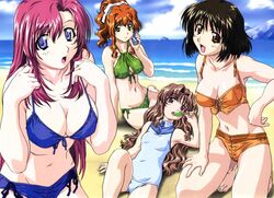  4girls :d :o absurdres armpits barefoot beach bikini black_hair blush bow breasts brown_eyes brown_hair can casual_one-piece_swimsuit cleavage cleavage_cutout cloud embarrassed feet flat_chest front-tie_top green_eyes hairbow hand_on_hip hayashiya_shizuru herikawa_koishi highres hips kazami_mizuho kneeling large_breasts legs long_hair looking_at_viewer lying misumi_kaede morino_ichigo mountain multiple_girls navel ocean on_back one-piece_swimsuit onegai_teacher open_mouth orange_hair outdoors pink_eyes pink_hair ponytail popsicle purple_eyes red_eyes short_hair side-tie_bikini sitting sky smile swimsuit thighs uon_taraku water wavy_hair zipper 