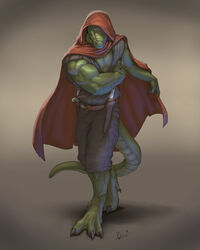  4:5 abs anthro barefoot belt biceps big_muscles biped bottomwear claws cloak clothed clothing feet green_body green_skin grey_eyes hi_res knife lion21 lizard looking_at_viewer male muscular muscular_anthro muscular_male pecs pose reptile scales scalie shirt shorts solo standing toe_claws topwear weapon 