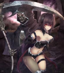  aeus axe black_hair breasts cleavage commentary_request elbow_gloves female gloves headband highres long_hair looking_at_viewer navel original pantyhose pantyhose_around_one_leg red_eyes signature skull torn_clothes torn_pantyhose weapon 