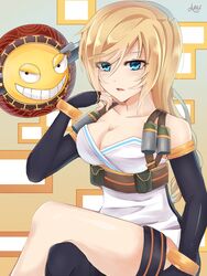  aeus aqua_eyes blonde_hair breasts cleavage commentary_request crossed_legs elbow_gloves elsword female gloves long_hair open_mouth rose_(elsword) solo 