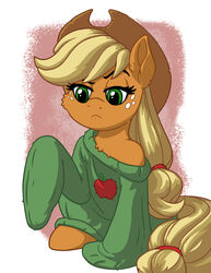  2016 applejack_(mlp) blonde_hair clothing cowboy_hat equid equine female feral friendship_is_magic green_eyes hair hasbro hat headgear headwear hi_res horse latecustomer mammal my_little_pony pony simple_background solo sweater topwear 