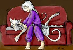  anthro backrub burmecian claws clothed clothing duo female final_fantasy final_fantasy_ix freya_crescent fur furniture hair human human_on_anthro inside interspecies long_hair male male/female mammal miyayoshi pajamas rodent sofa square_enix white_body white_fur white_hair zidane_tribal 