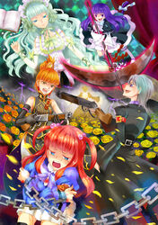  5girls aqua_hair armband bad_id bad_pixiv_id beatrice_(umineko) black_thighhighs blood blue_eyes book bow brown_eyes cat_tail chains china_dress chinese_clothes clair_vaux_bernardus dress elbow_gloves flower frederica_bernkastel frills gem gloves grey_hair gun hair_bobbles hair_ornament headdress highres long_hair multiple_girls natsujiru oerba_yun_fang pearl_(gemstone) photoshop_(medium) pleated_skirt purple_eyes purple_hair red_hair rose scythe short_hair skirt tail thighhighs umineko_no_naku_koro_ni ushiromiya_ange ushiromiya_eva ushiromiya_kyrie weapon yellow_flower yellow_rose zettai_ryouiki 