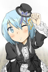  alternate_costume bad_id bad_pixiv_id blue_eyes blue_hair female fortissimo gothic_lolita hair_ornament hairclip hat highres lolita_fashion mahou_shoujo_madoka_magica mahou_shoujo_madoka_magica_(anime) mahou_shoujo_madoka_magica_movie_1_&amp;_2 miki_sayaka mini_hat mini_top_hat musical_note musical_note_hair_ornament nonone_(the9thxsheep) one_eye_closed short_hair solo top_hat 