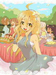  6+girls amami_haruka bad_id bad_pixiv_id black_hair blonde_hair brown_hair dress flower food futami_ami futami_mami ganaha_hibiki gloves green_eyes grey_hair hagiwara_yukiho hairband hoshii_miki idolmaster idolmaster_(classic) long_hair multiple_girls ponytail shijou_takane smile warabeshi 