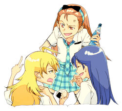  3girls ahoge bad_id bad_pixiv_id blonde_hair blue_hair bottle brown_hair food hoshii_miki idolmaster idolmaster_(classic) juu_(juuzi) kisaragi_chihaya laughing long_hair minase_iori multiple_girls necktie onigiri pointing rough_time_school_(idolmaster) school_uniform skirt smirk very_long_hair 