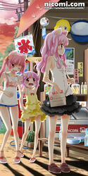  3girls :d ;d animal_ears arm_up bag bare_shoulders blush bottle brown_eyes collarbone copyright_name dress food fruit hair_ribbon holding_hands hose mask multiple_girls nicomi.com noto_(soranoto) one_eye_closed open_mouth original pink_eyes pink_hair red_eyes ribbon sandals shop short_hair short_shorts shorts skirt smile standing sweatdrop twintails watermark watermelon web_address 