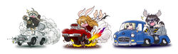  5girls ahoge animal_ears aston_martin aston_martin_db5 braid bunny_ears car charlotte_e_yeager chevrolet chevrolet_corvette dog_ears ejection_seat erica_hartmann francesca_lucchini gertrud_barkhorn highres james_bond long_image lynette_bishop mercedes mercedes_benz military military_uniform motor_vehicle multiple_girls ribbon steering_wheel strike_witches thighhighs uniform vehicle wide_image 