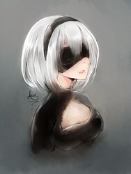  2b_(nier:automata) aeus black_blindfold black_hairband black_shirt blindfold breasts cleavage_cutout clothing_cutout commentary covered_eyes cropped_torso english_commentary facing_viewer female grey_background hairband headband medium_breasts mole mole_under_mouth nier:automata nier_(series) parted_lips shirt signature solo turtleneck upper_body white_hair 